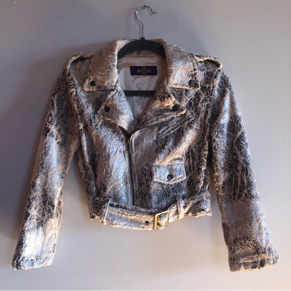 Navana Metallic Silver Crop Moto Jacket Faux Leather Belted Biker Jacket Small